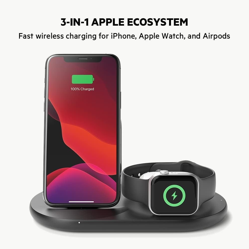 Belkin WIZ001MYBK Indoor 3-in-1 Wireless 7.5W Mobile Device Charger - Black