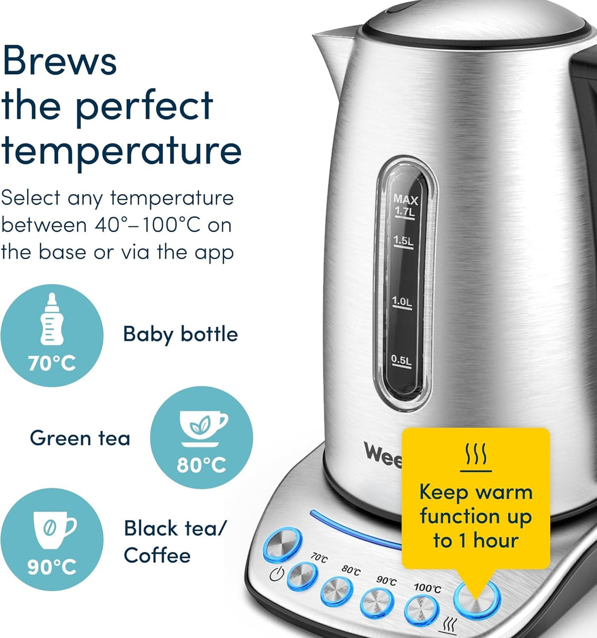 Alexa Smart Kettle 1.7L - Voice Control, Temp Settings, BPA-Free,