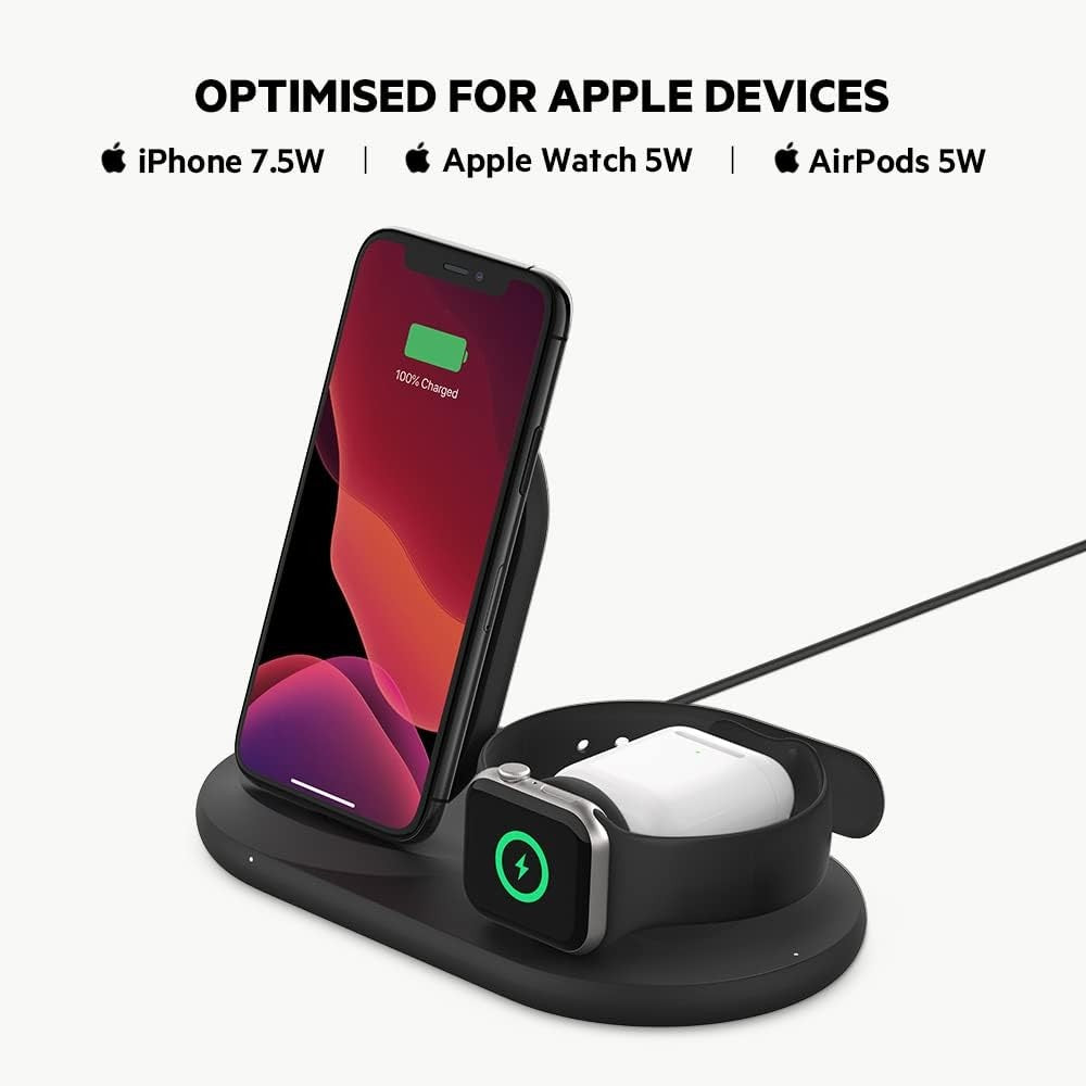 Belkin WIZ001MYBK Indoor 3-in-1 Wireless 7.5W Mobile Device Charger - Black