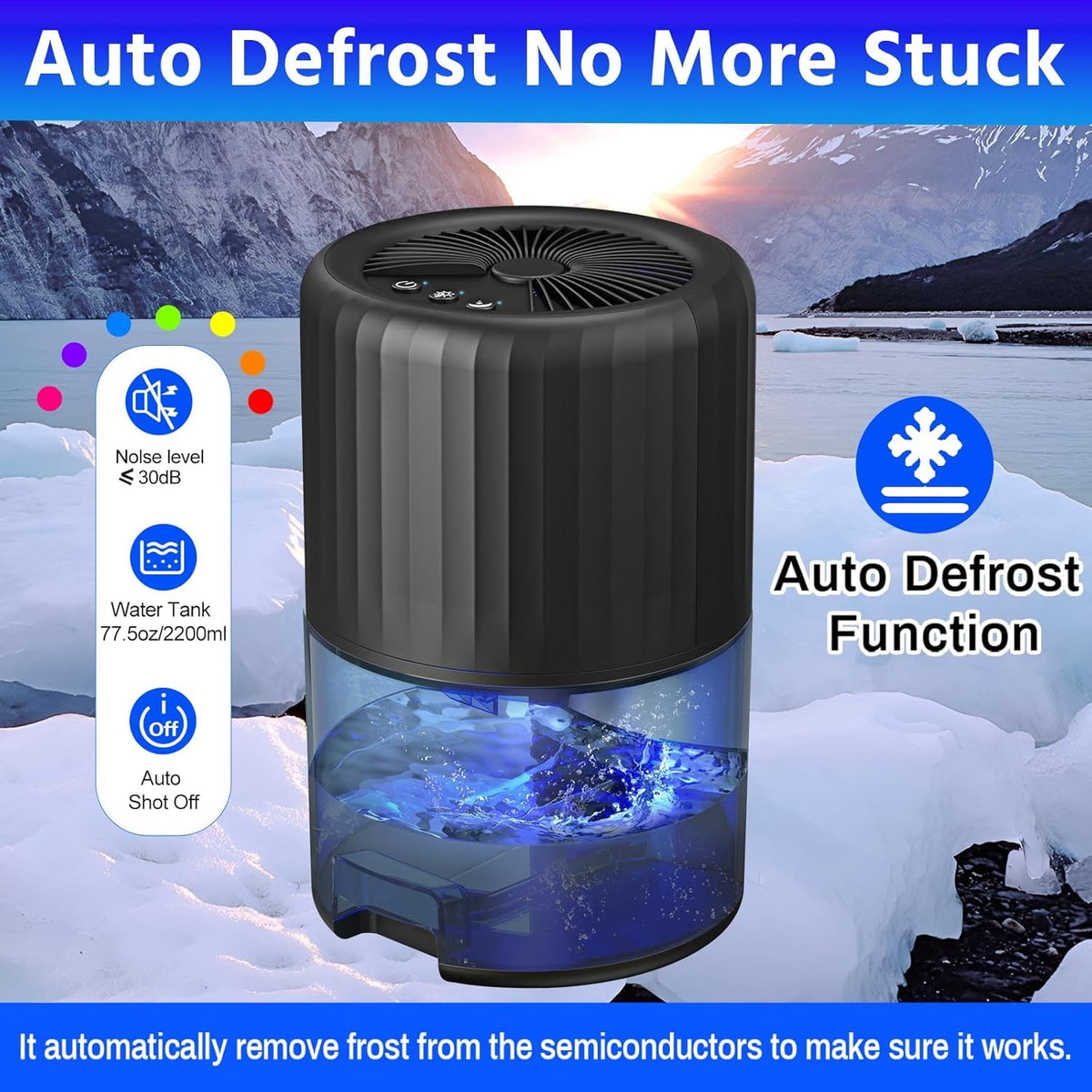 2200ML Auto Defrost Black Dehumidifier for Home: Quiet & Efficient for Bedrooms