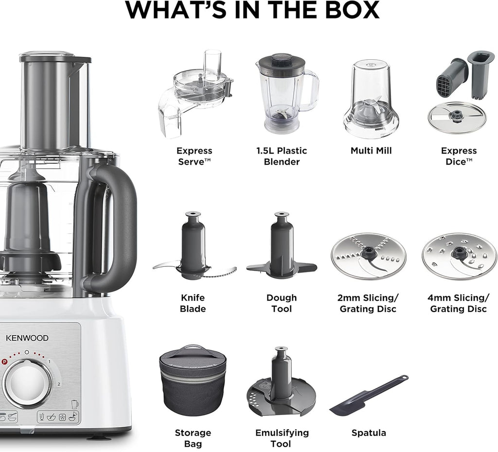 Kenwood FDP65.860WH food processor with 9 attachments. Express Serve and Dice
