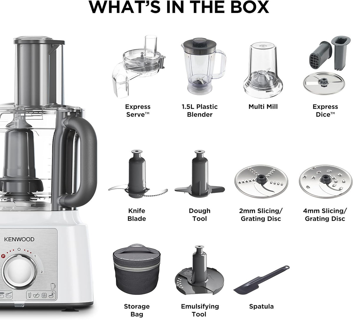 Kenwood FDP65.860WH food processor with 9 attachments. Express Serve and Dice