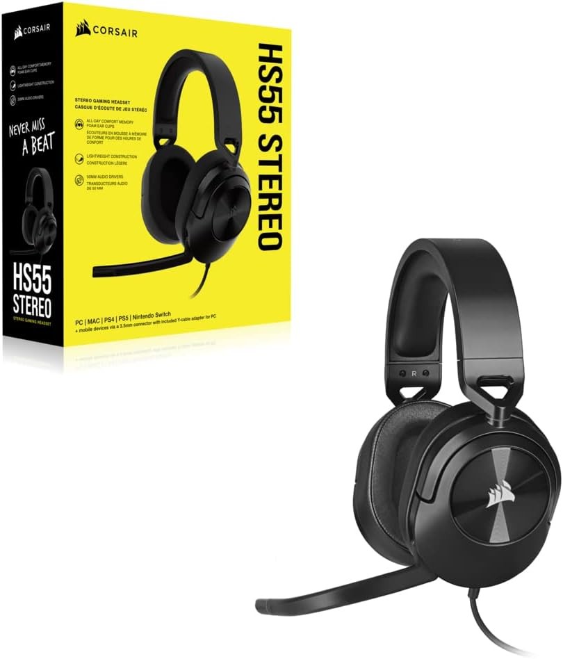 Corsair HS55 Stereo Headset, Carbon, 50mm Neodymium Drivers, Wired