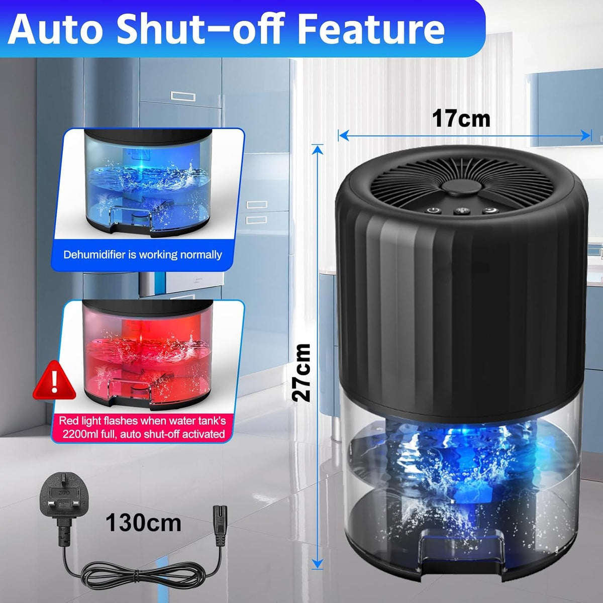 2200ML Auto Defrost Black Dehumidifier for Home: Quiet & Efficient for Bedrooms