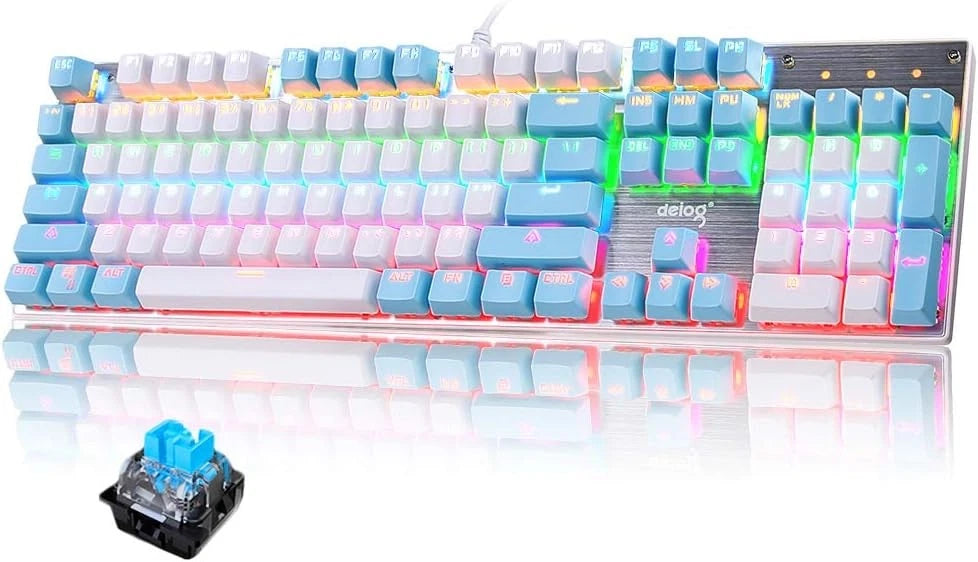 Deiog DY101 Wired Mechanical Keyboard – US, Blue Switches, White and Blue