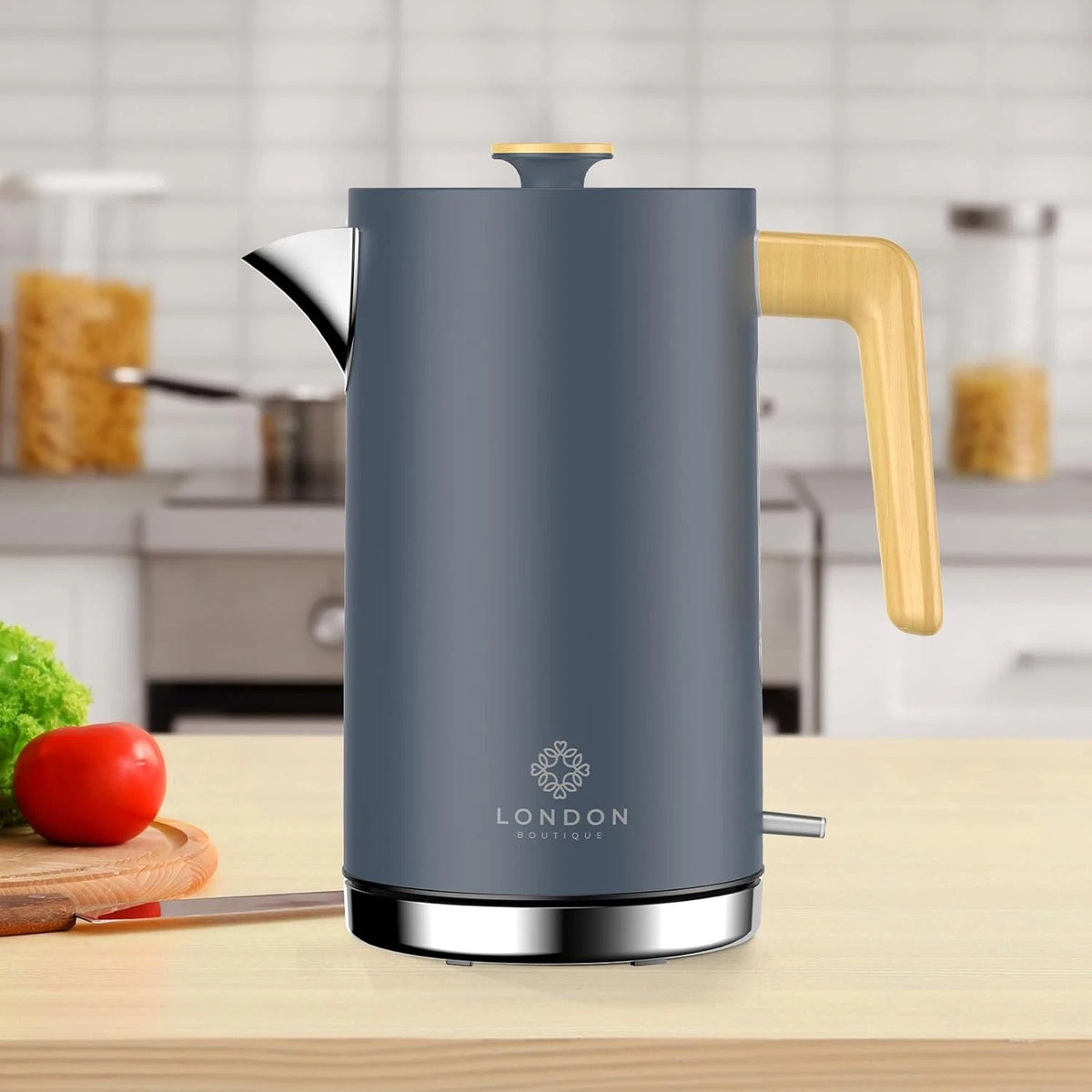 London Boutique Electric Kettle, 1.7L, 3kW – Grey/Wood Effect